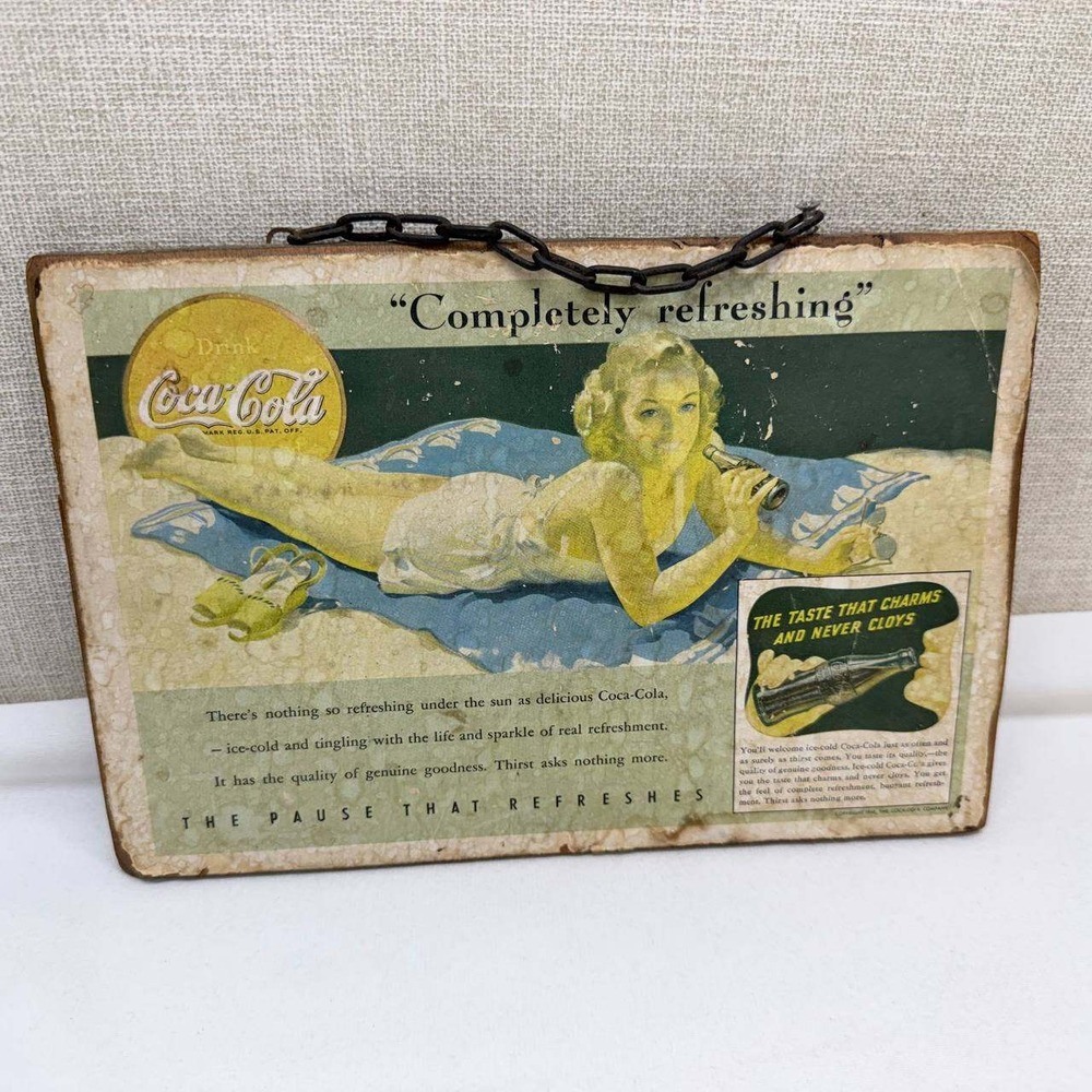 Vintage Coca-Cola 1941 Completely Refreshing Wood Wall Plaque Sign with Chain